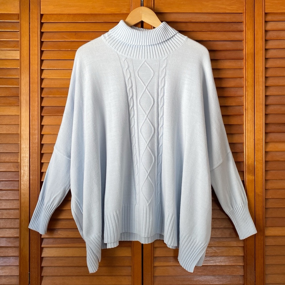 Light Blue Cable-Knit Turtleneck Poncho Sweater